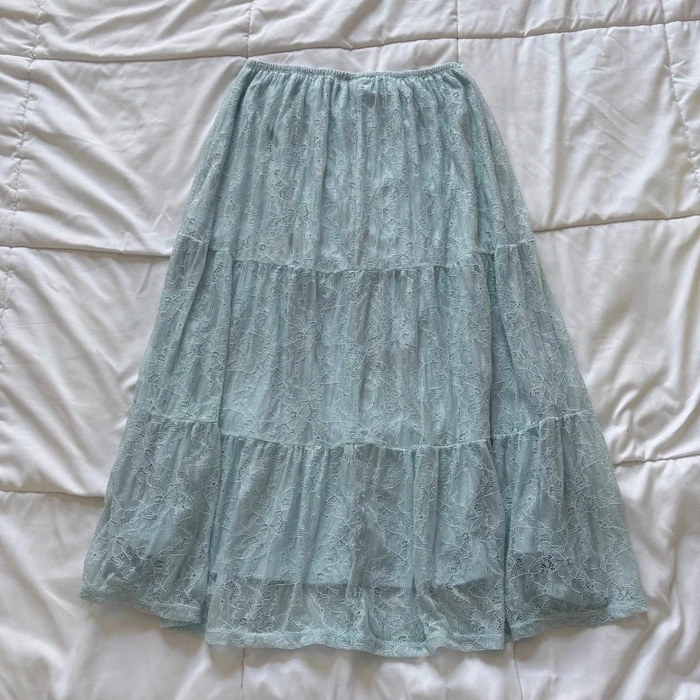Light Blue Floral Lace Tiered Midi Skirt Boho Cottagecore Peasant Small